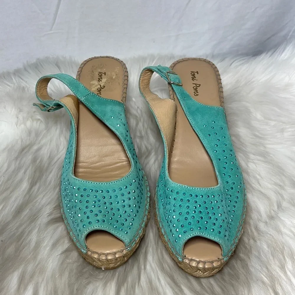 Toni Pons Turquoise Studded Wedge Peep Toe Espadrilles Sz 39/US 8‎